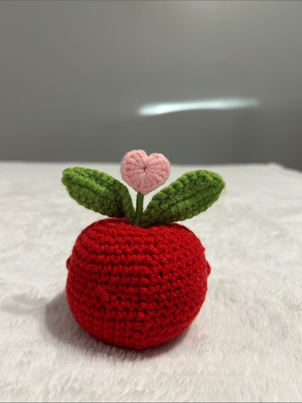 Handmade Red Crochet Apple Plush with Pink Heart Accent. Emotional gift. - Picture 4 of 6